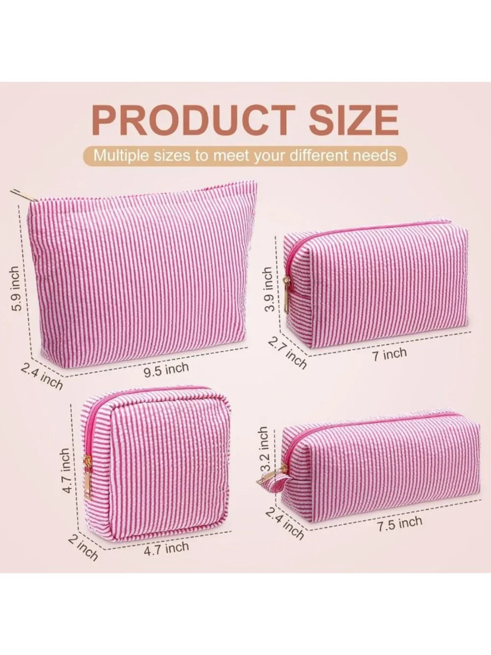 4 Pcs Seersucker Makeup Bag Set - Large Travel Toiletry Organizer, Aesthetic